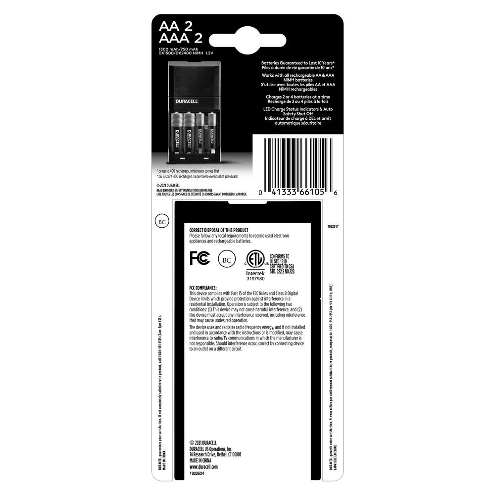 Duracell Ion Speed 4000 Battery Charger with 2 AA and 2 AAA batteries, charger for AA and AAA batteries