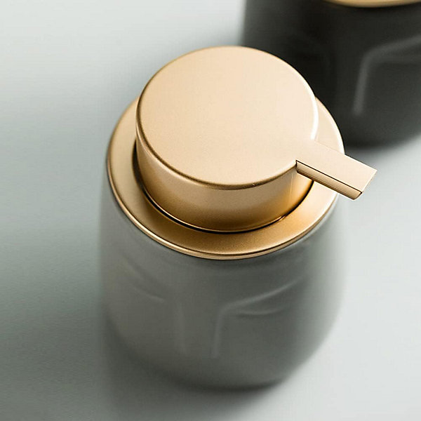 Distributeur de savon moderne et unique, bouteille en céramique en forme de visage avec pompe dorée mate antirouille (blanc)