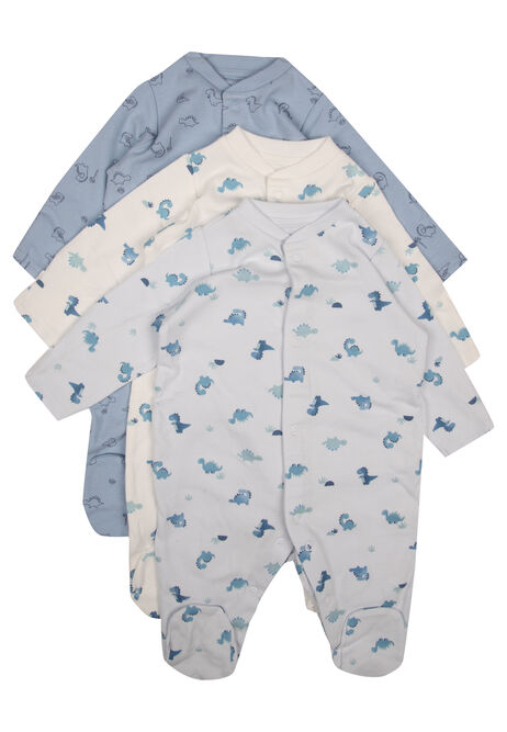 Baby Boys 3pk Blue Dinosaur Sleepsuits