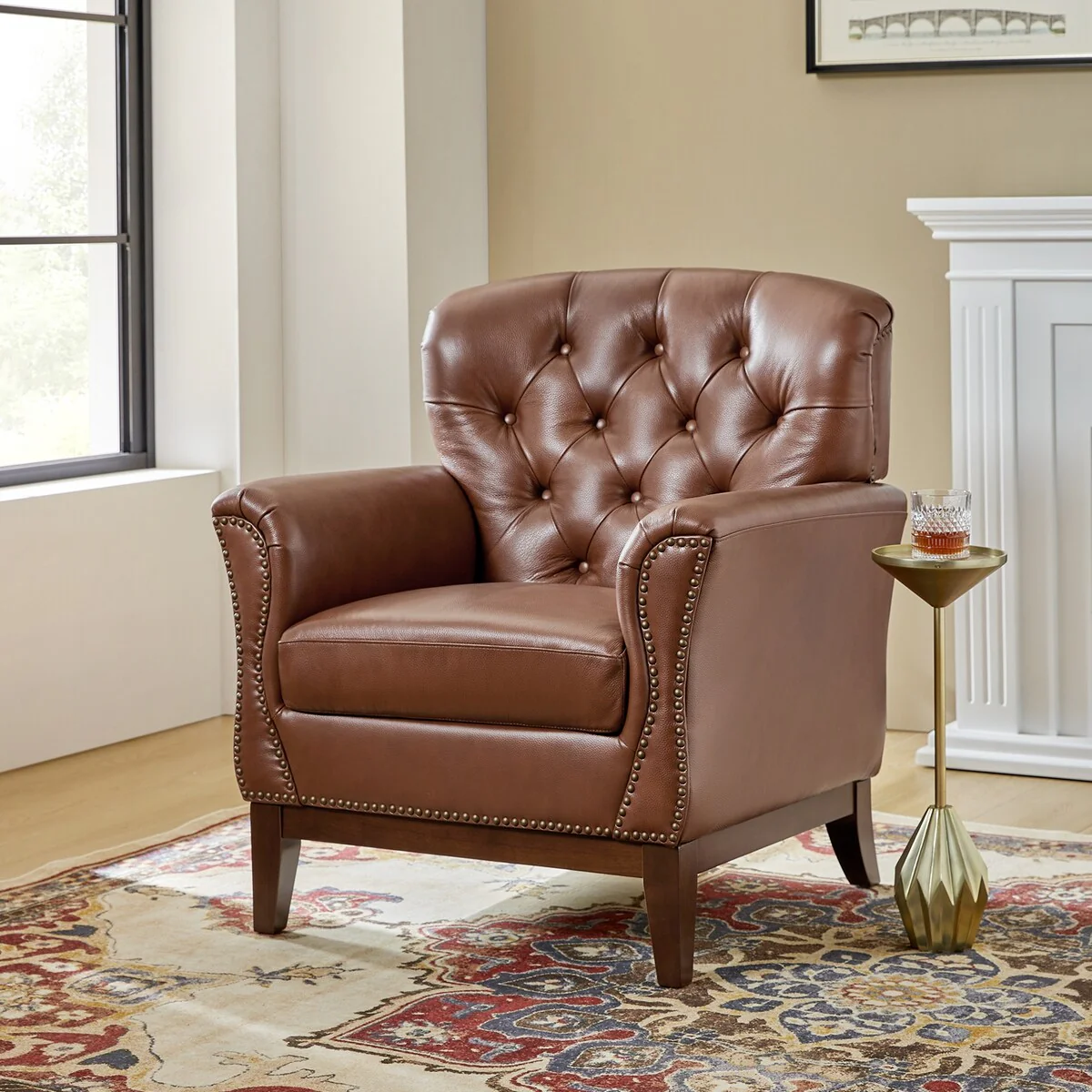 Burt Traditional Genuine Leather Accent Chair with Tufted Wing Back by HULALA HOME