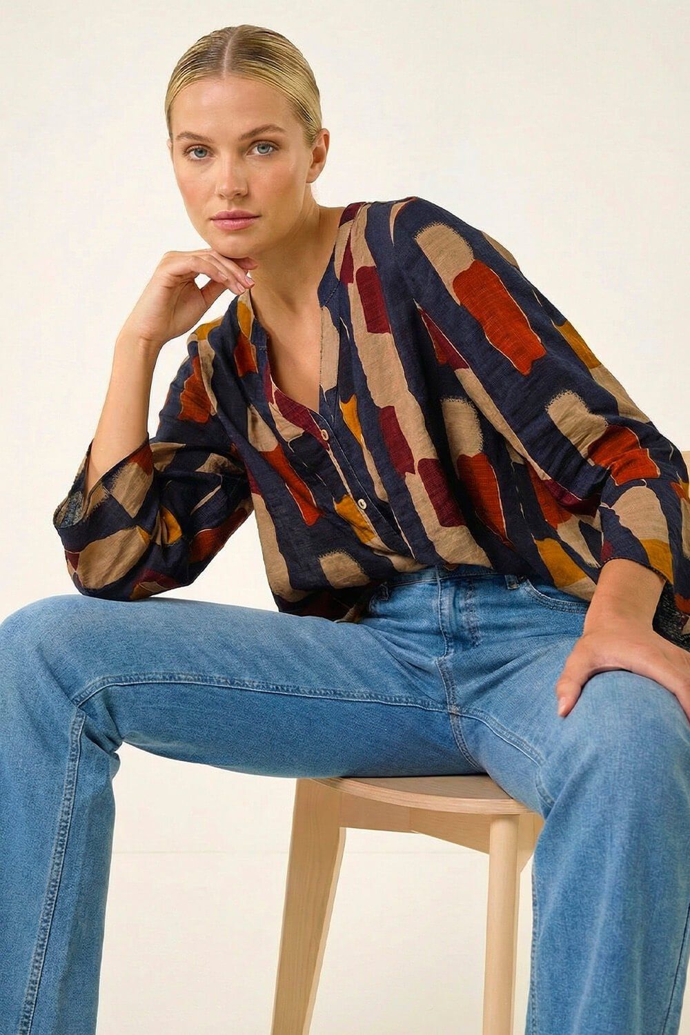 Roman Abstract Print Buttoned Blouse