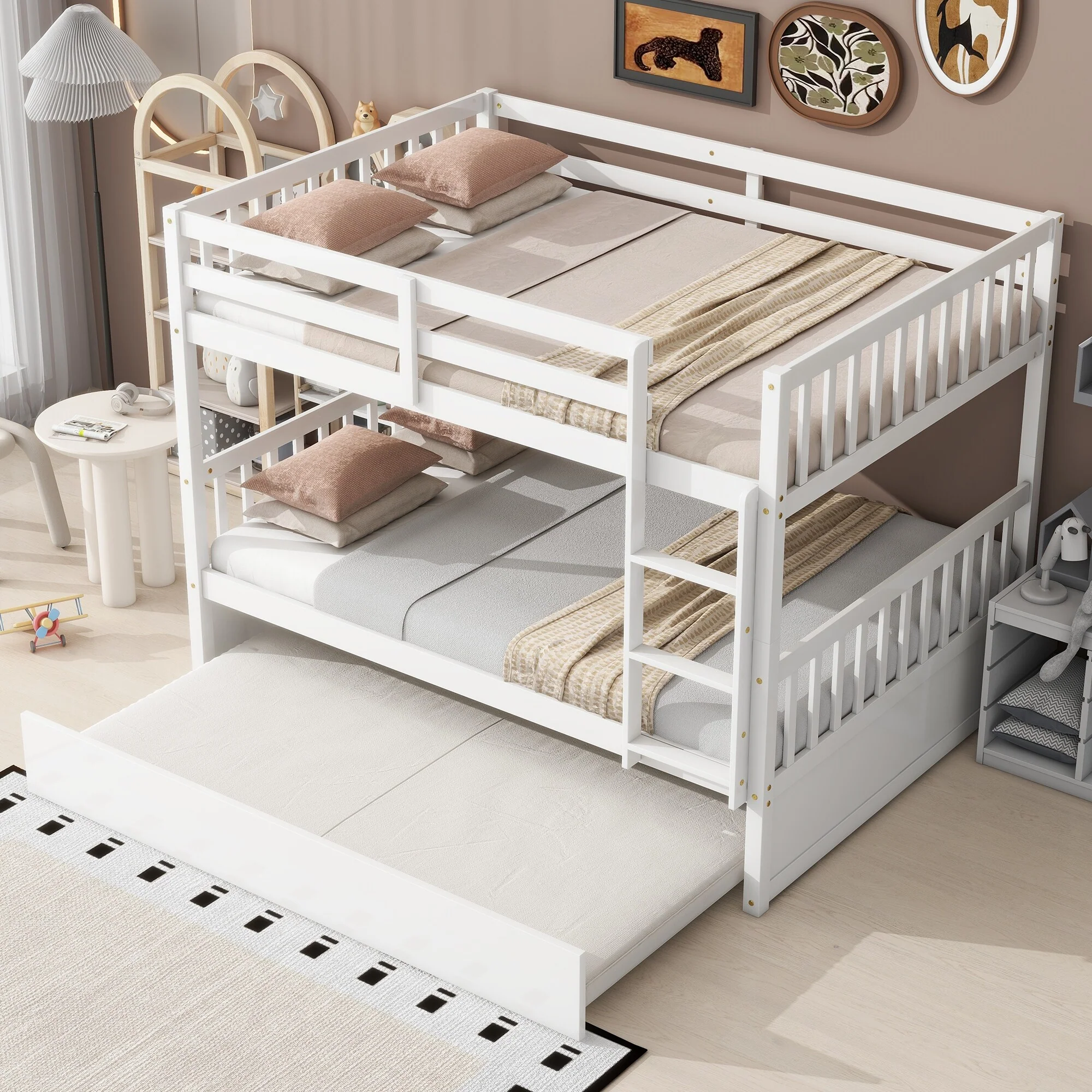 Full Over Full Rubber Wood Bunk Bed with Trundle,Ladder and Guardrails,Convertible to 2 Full Size Beds,with Twin Size Trundle