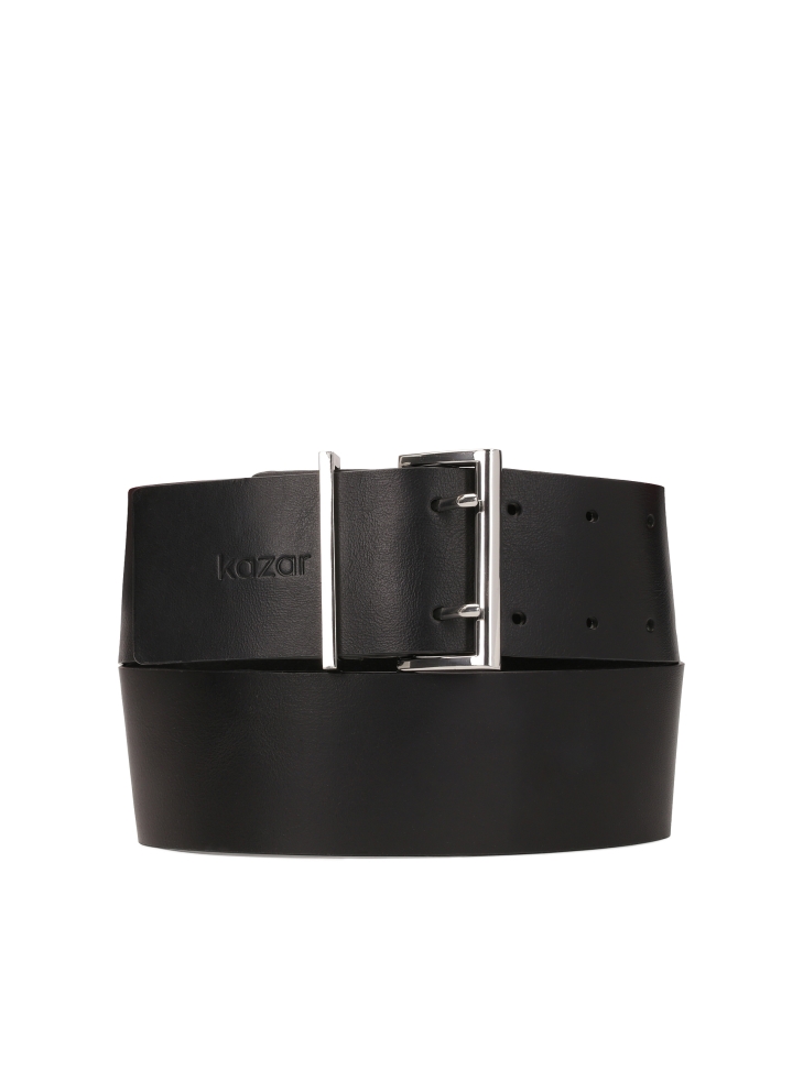 Wide leather belt with double buckle