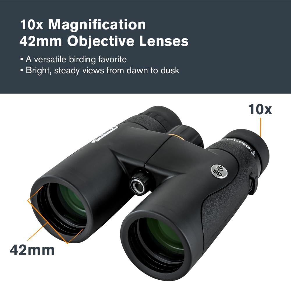 Celestron–Nature DX ED 10x42 Premium Binoculars –Extra-Low Dispersion Objective Lenses –Outdoor and Birding Binocular–Fully Multi-Coated with BaK-4 Prisms–Rubber Armored – Fog & Waterproof Binoculars