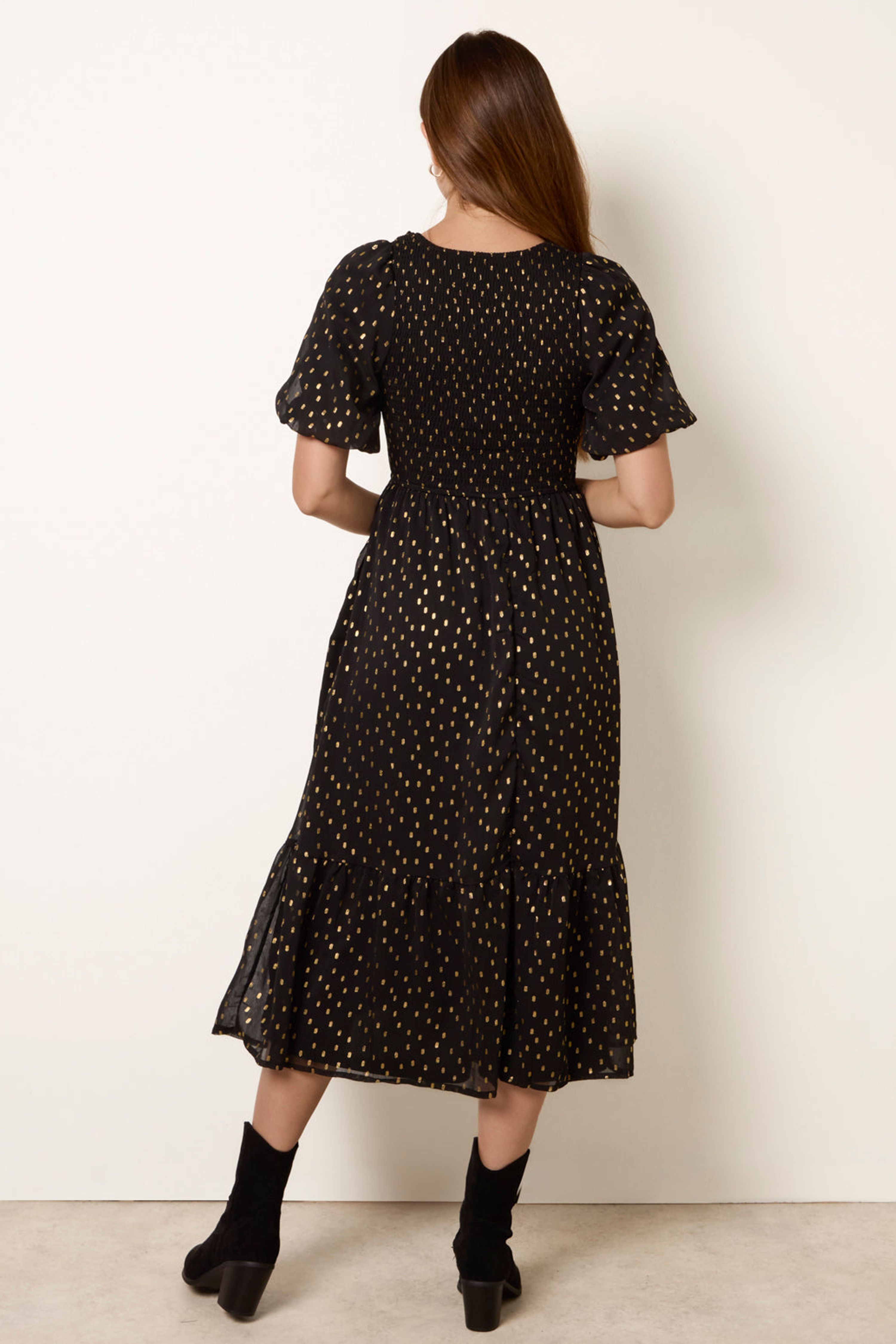 Blue Vanilla Black Gold Foil Midi Dress