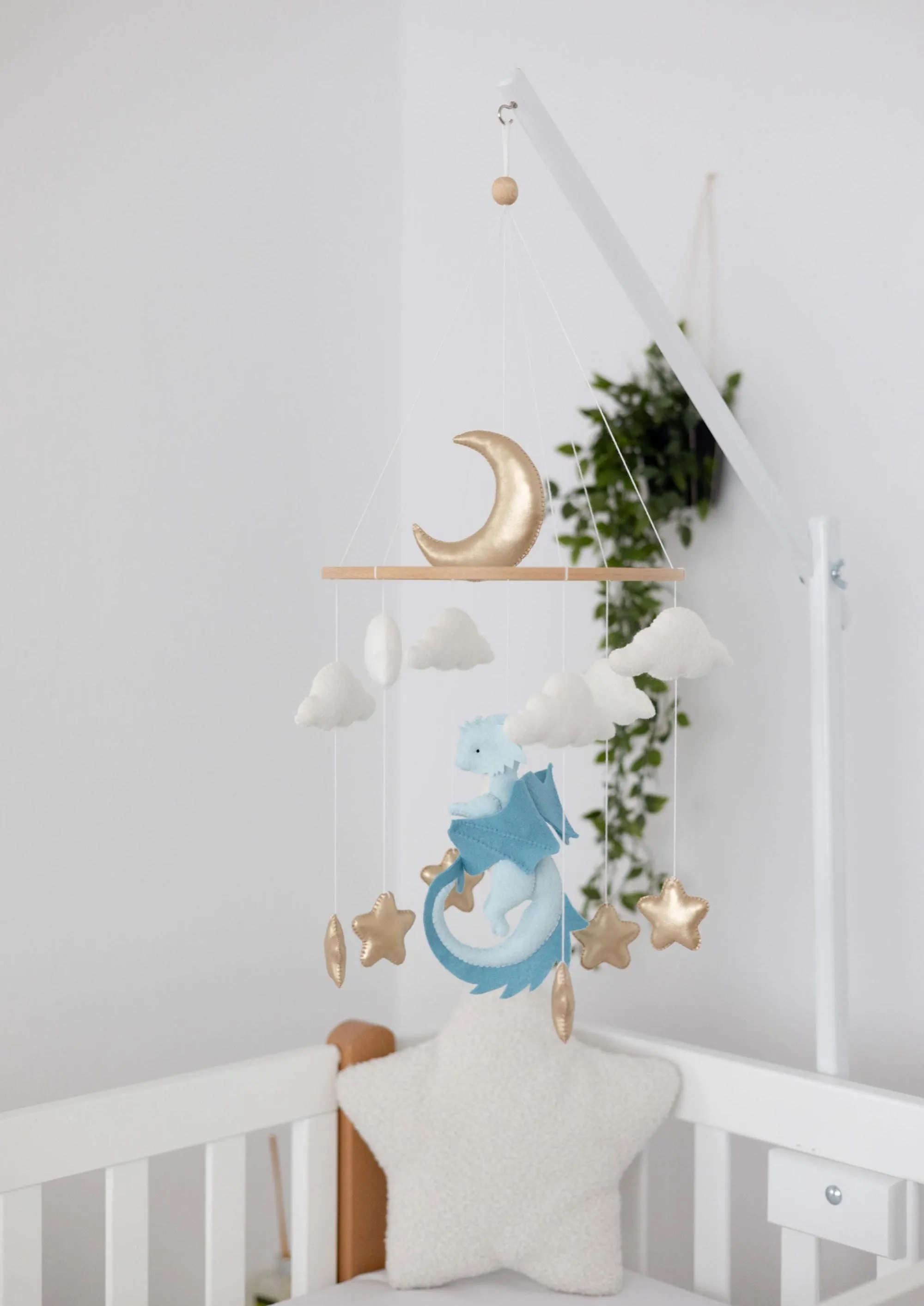 Blue Dragon nursery baby mobile, Baby boy mobile, Felt hanging toy, Fantasy baby nursery, Golden moon and stars, Baby shower gift