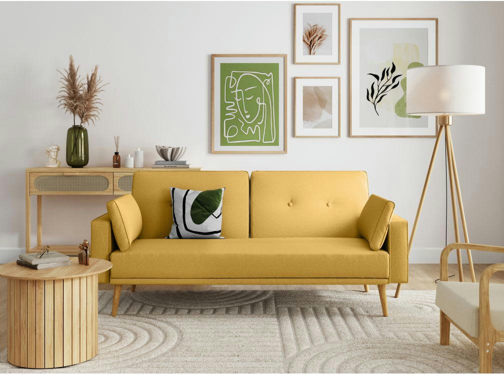 ELGA - Canapé droit convertible style scandinave en tissu jaune