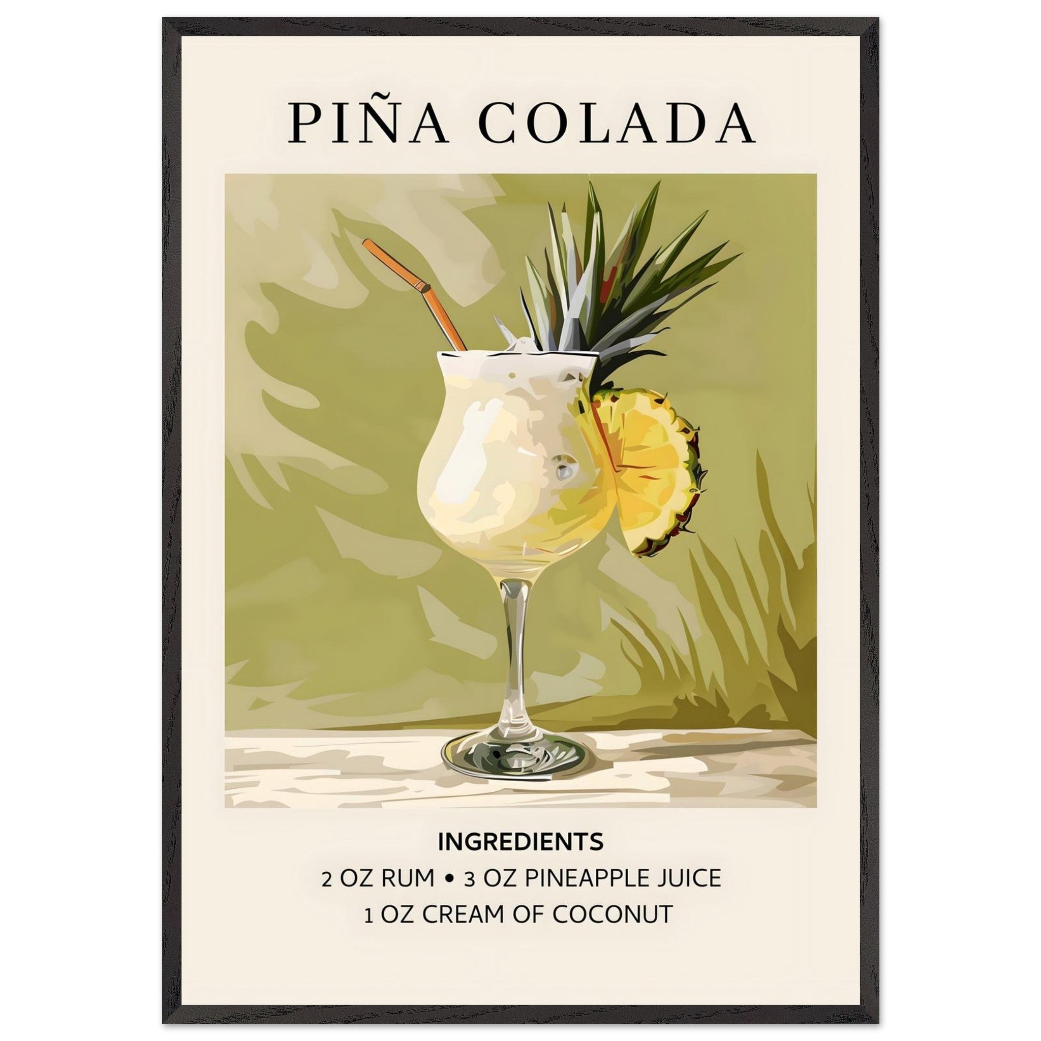 Artfulprints Poster met Lijst Piña Colada cocktail - Ingrediënten  - 70x100 cm - Groen