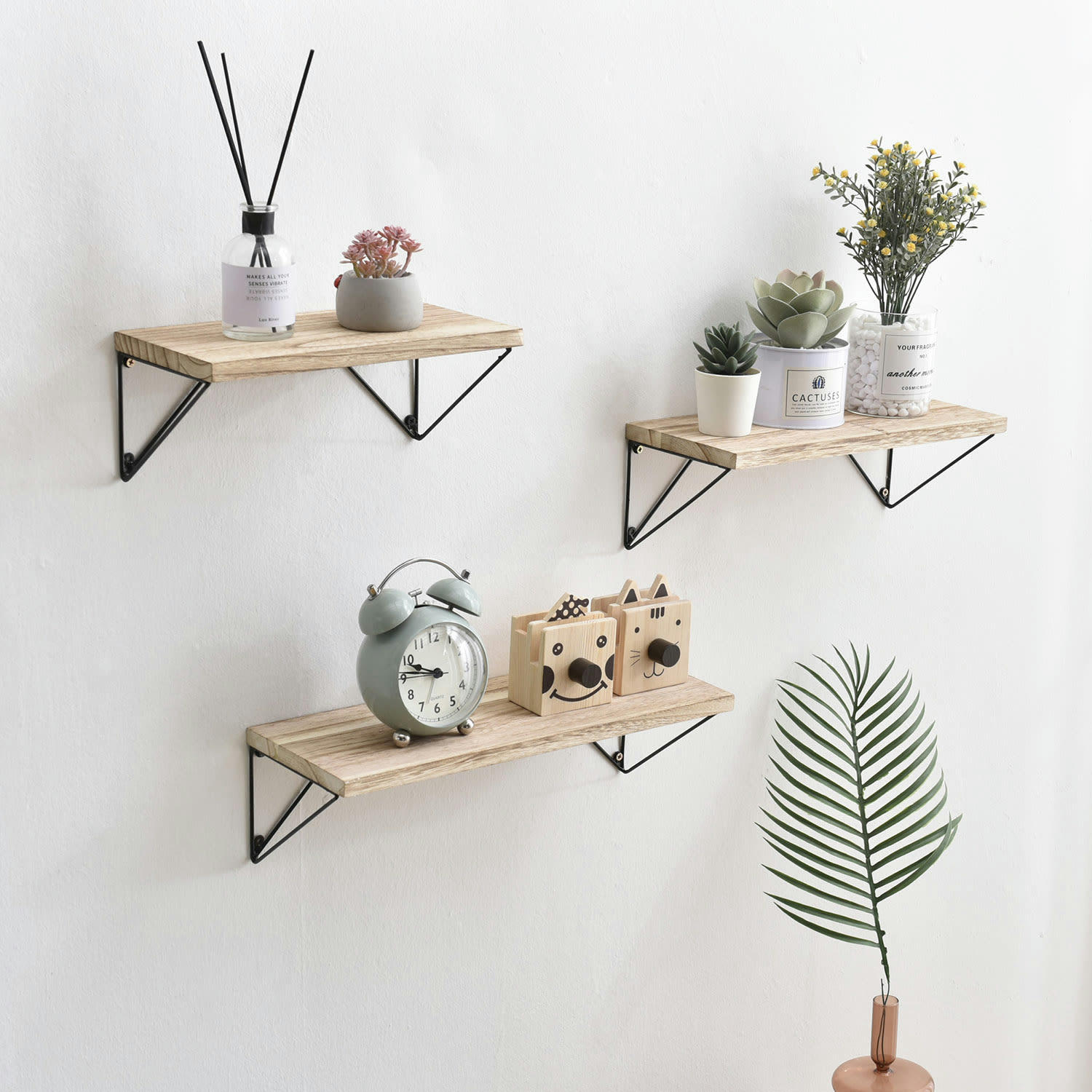 AMARO - Set de 3 étagères murales métal noir et bois paulownia