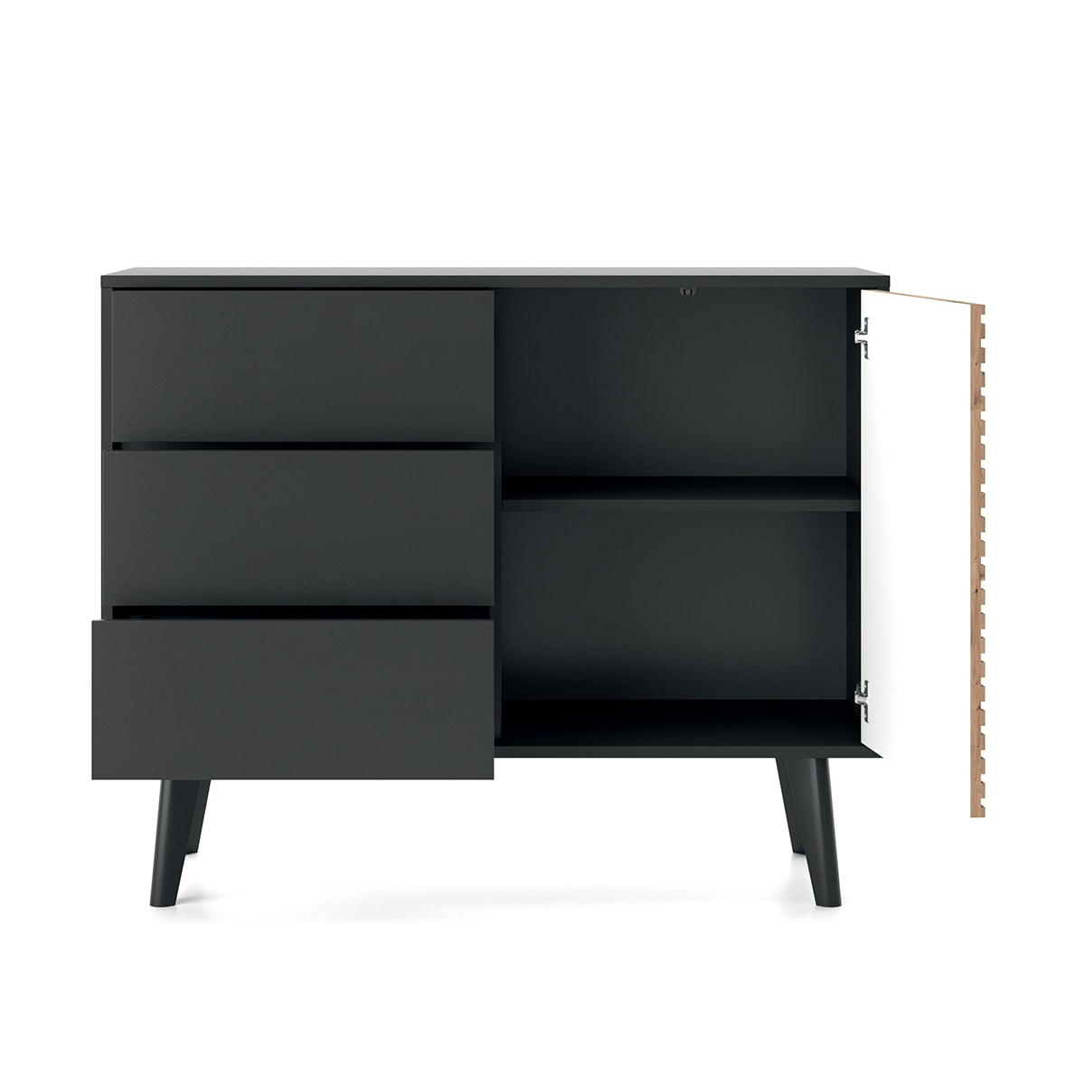 - Buffet 1 porte 3 tiroirs noir et naturel