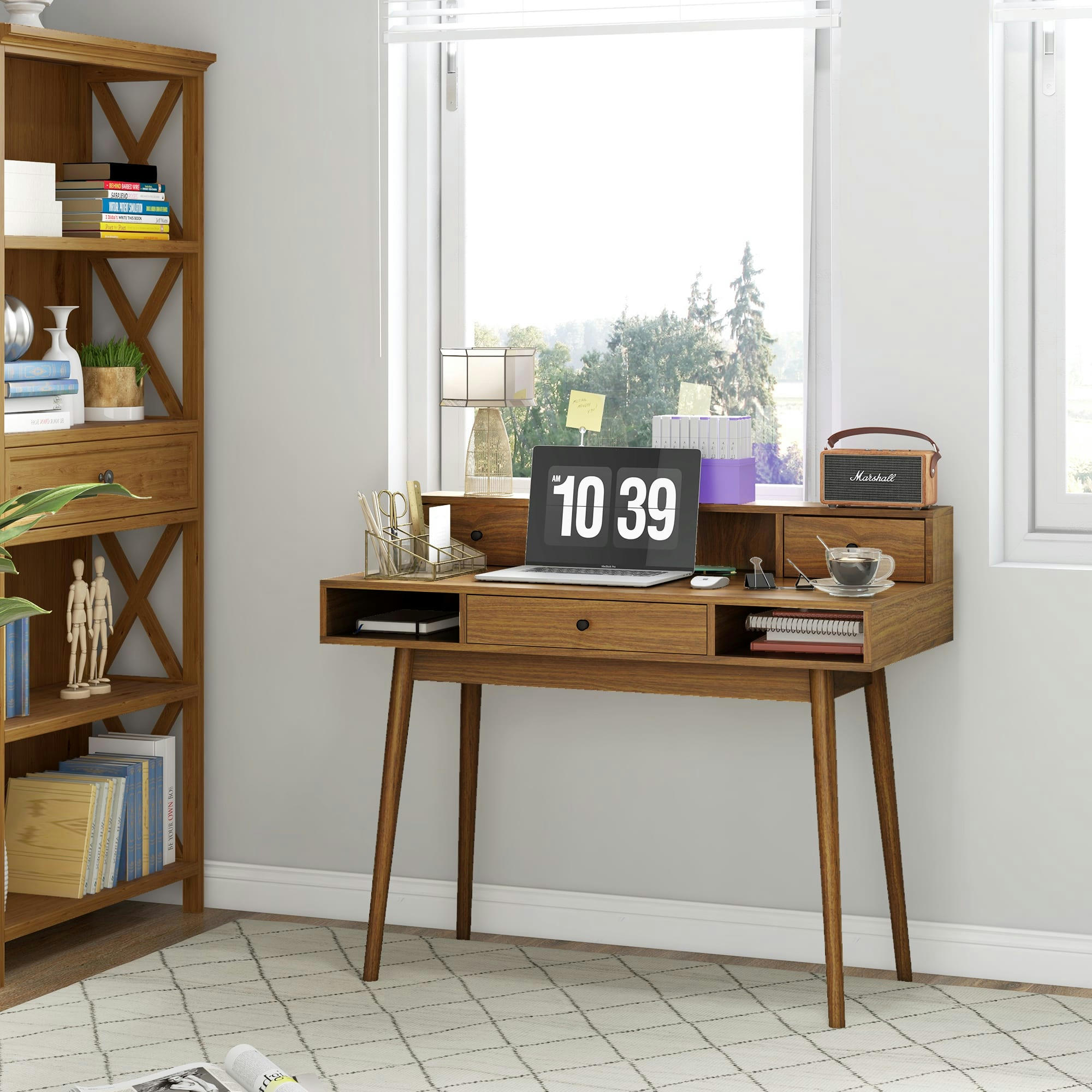 - Bureau secrétaire vintage 3 tiroirs 3 niches bois de pin aspect noyer