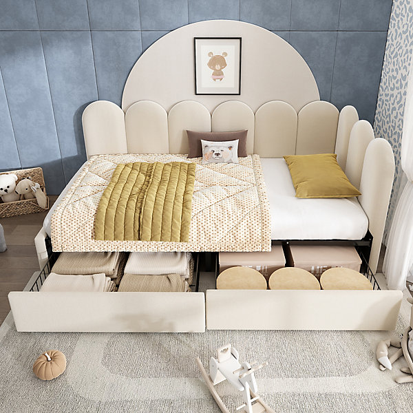 Lit Banquette 90x190 cm - Lit Enfant Capitonné avec 2 Tiroirs de Rangement et Sommier à Lattes, en Velours - sans Matelas - Beige