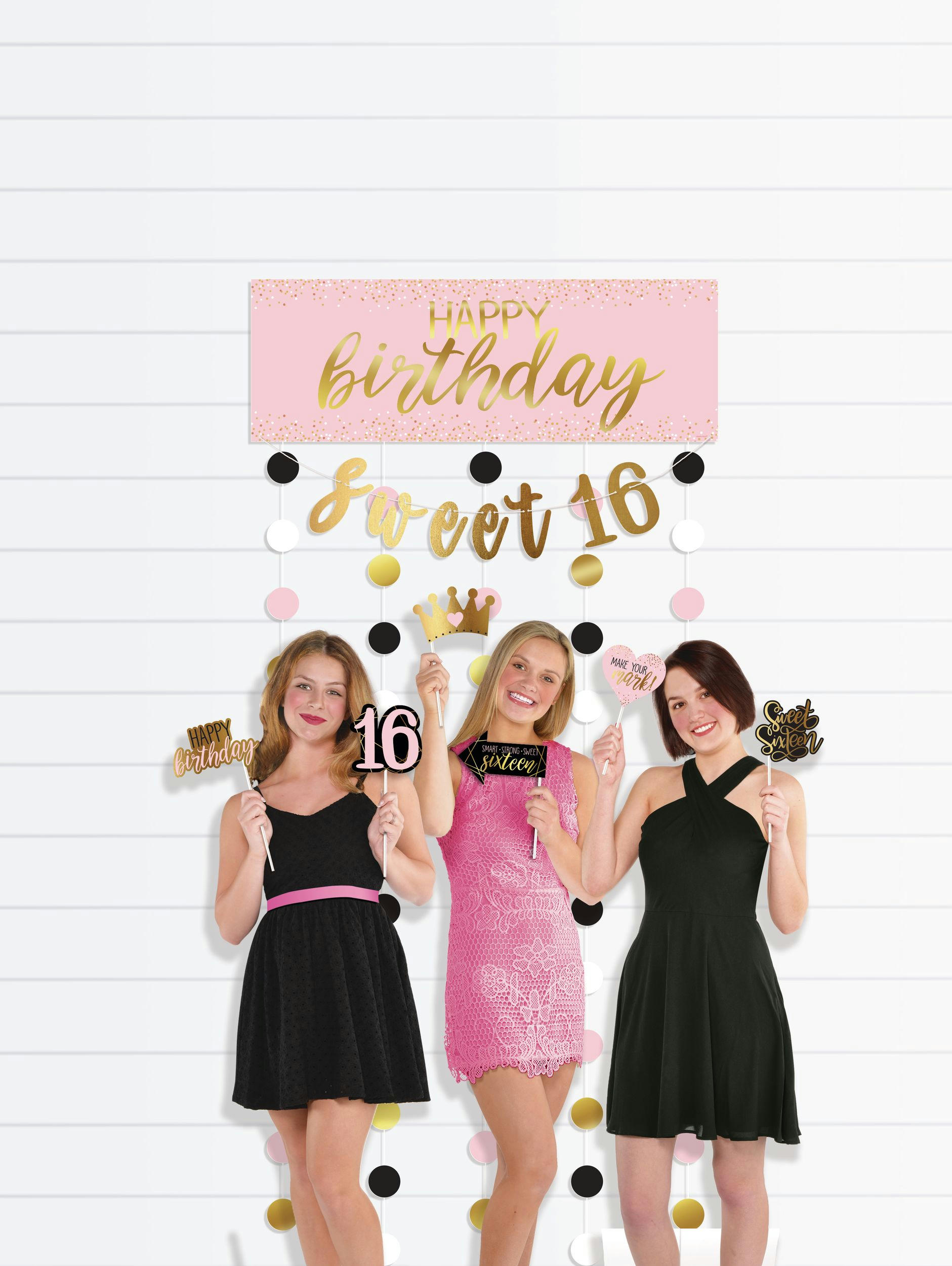 Glitter Gold and Pink Sweet 16 Photo Booth Kit, 14-pc