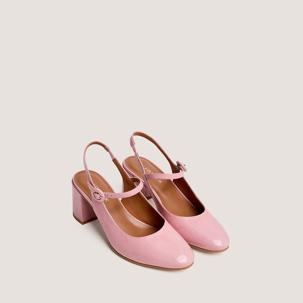 Babies à talons et bouts arrières ouvertsen vernis rose pétale | DOLLAR