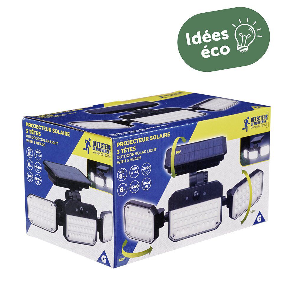 Lampe solaire triple LED 340 lumens projecteur détecteur de mouvement