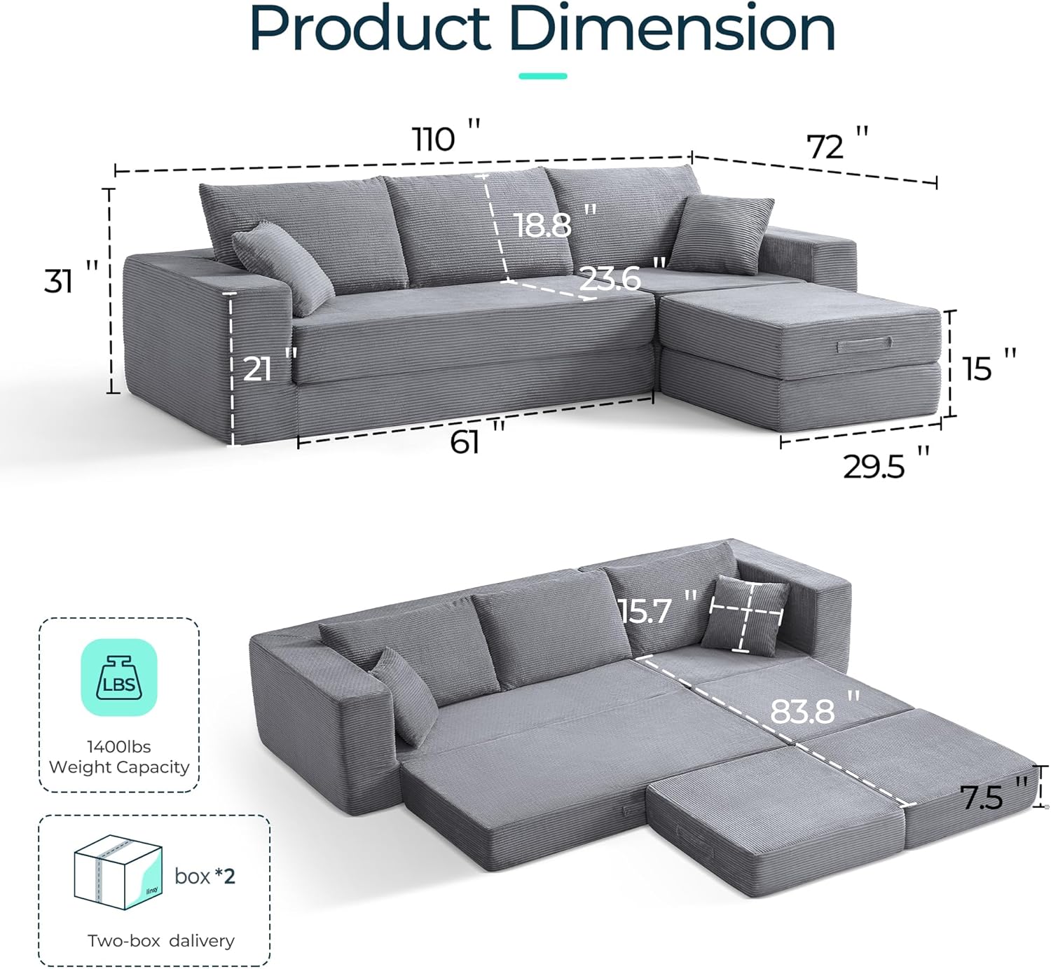 LINSY HOME Oversized Convertible Sofa Bed with 2 Pillows & Ottoman, Corduroy Boneless Couch Folding Modular Sleeper Sofa, L Shaped Couch Floor Sofa for Living Room Apartment, Upgrade Backrest (Grey)