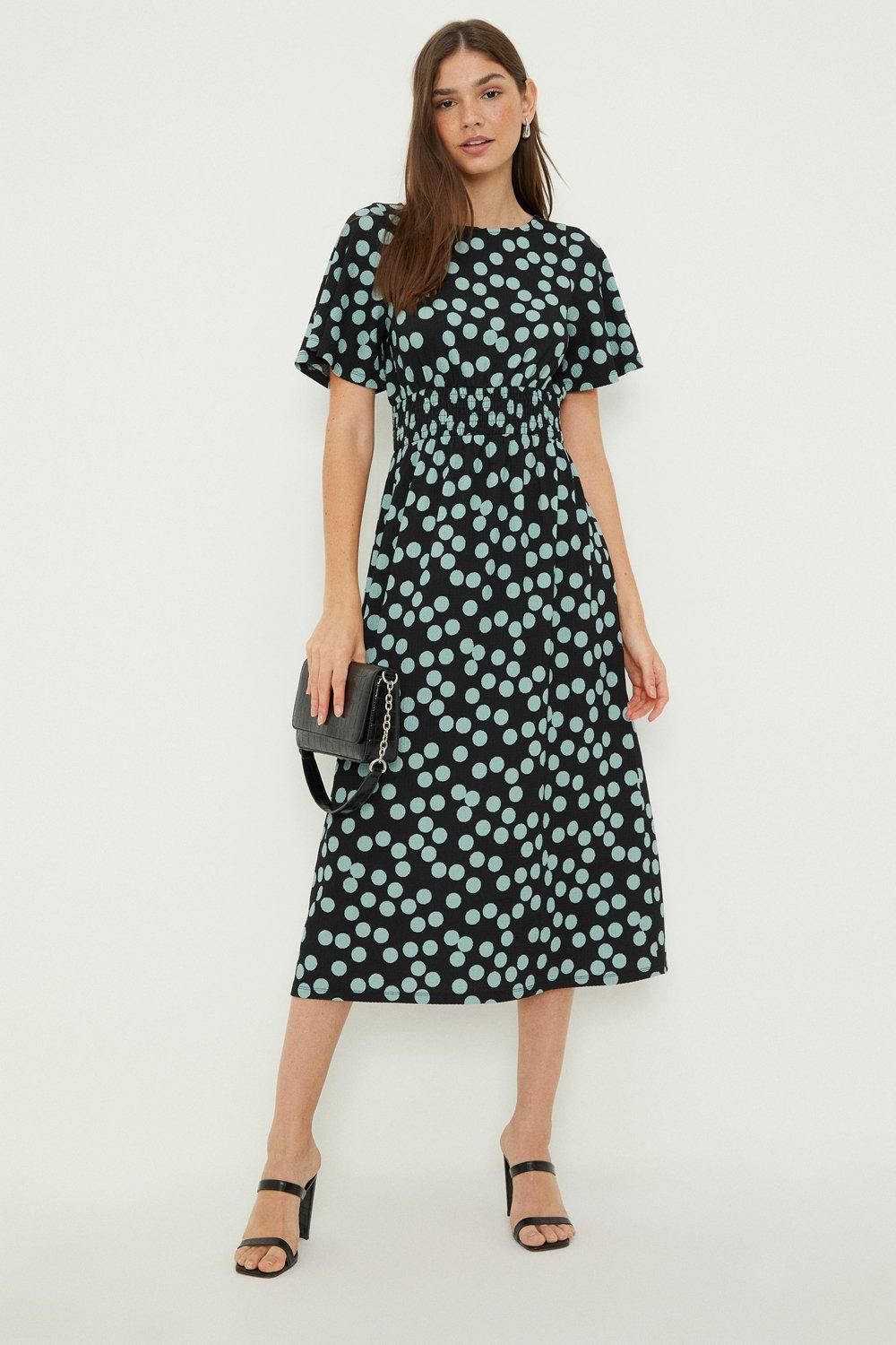 Dorothy Perkins Spot Shirred Waist Short Sleeve Midi Dress