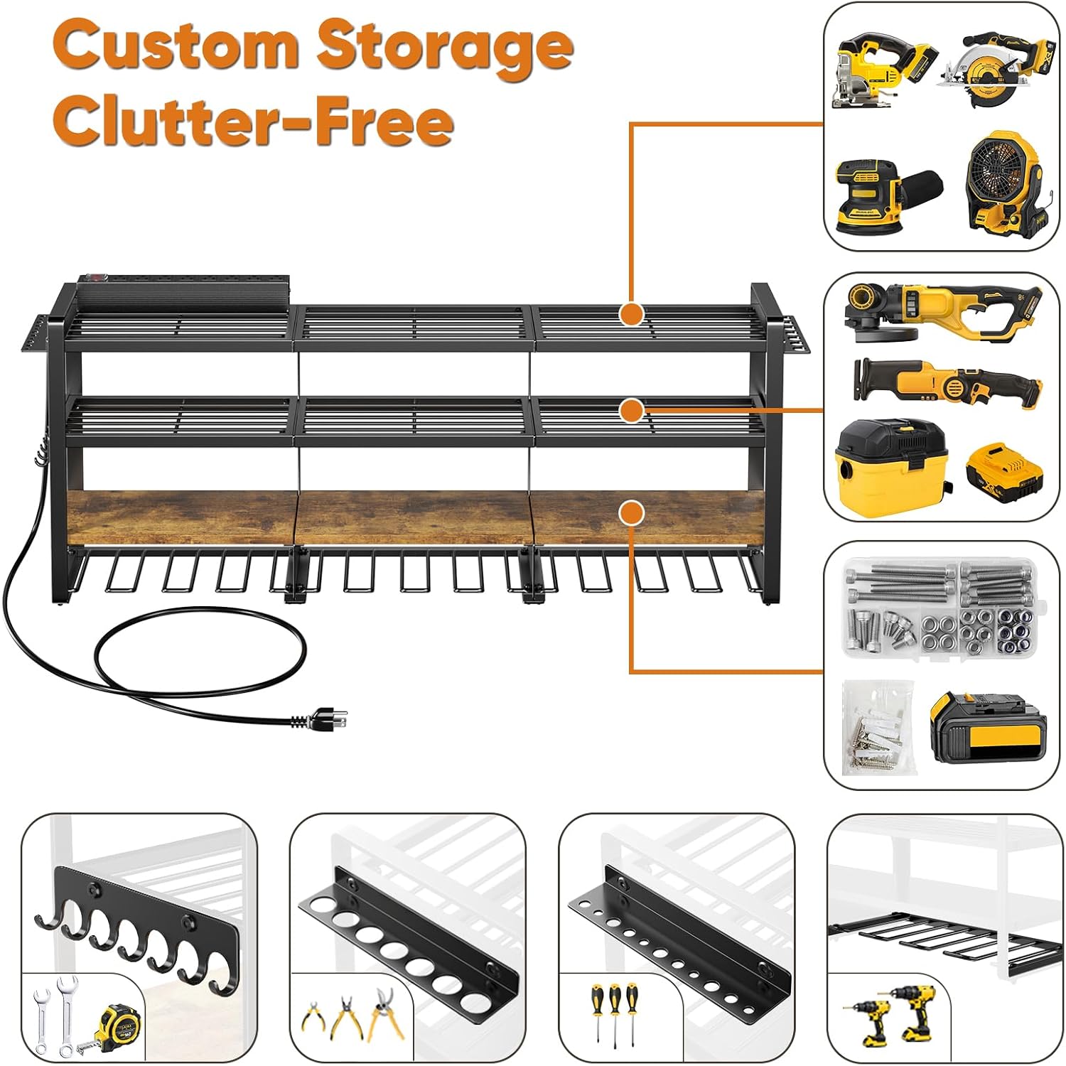 POKIPO 49.5 W Large Power Tool Organizer with Charging Station, 4 Layer Heavy Duty Utility Rack Loads 800lbs, Holds 12 Cordless Drills, Wall Mount Tool Shelf with 8-Outlet Power Strip, Gift for Men