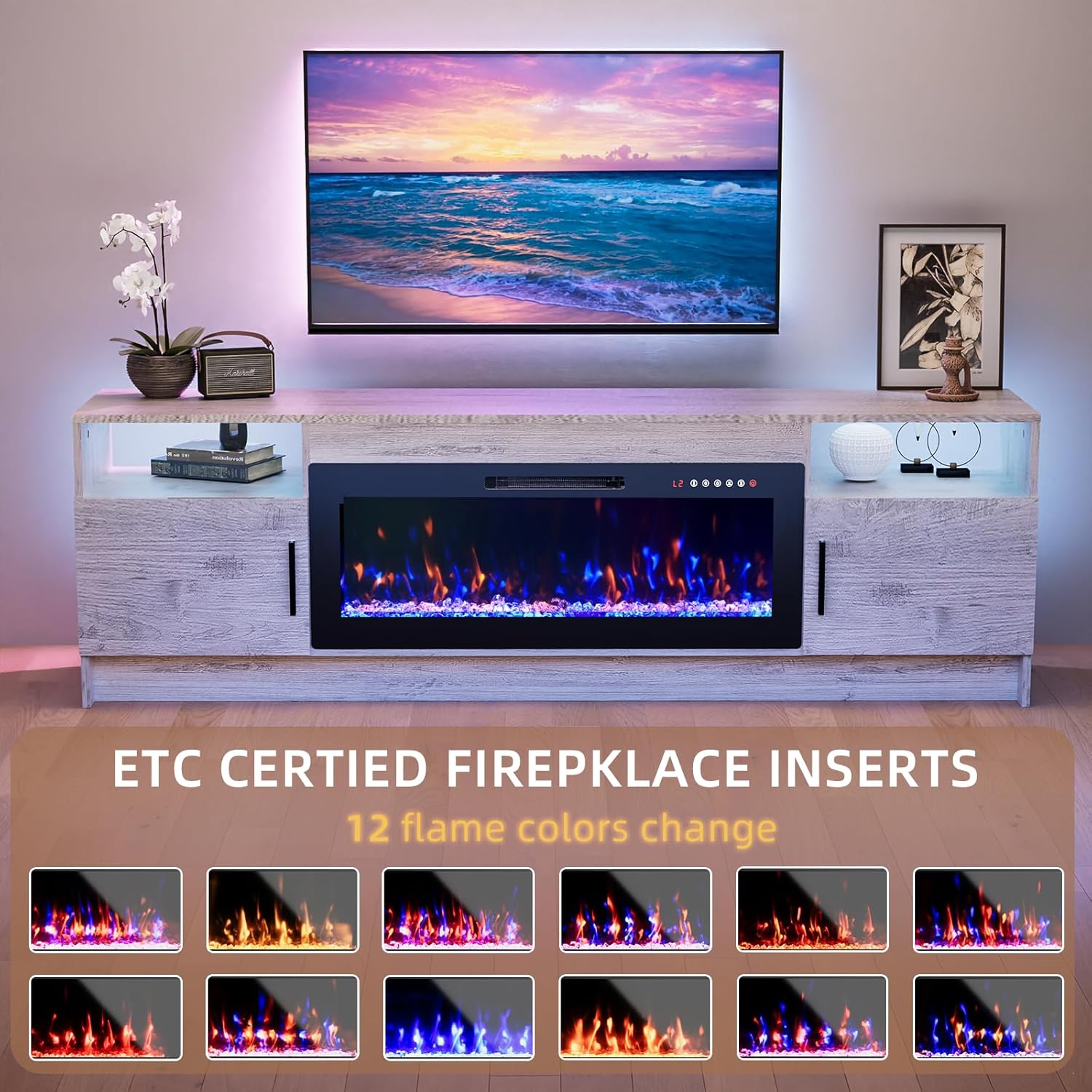 70'' TV Stand with Fireplace, Entertainment Center with Fireplace for 75+inch TV- Grey TV Cabinets with Storage, 20 Led Colors, Cable Management, Modern TV Console for Living Room