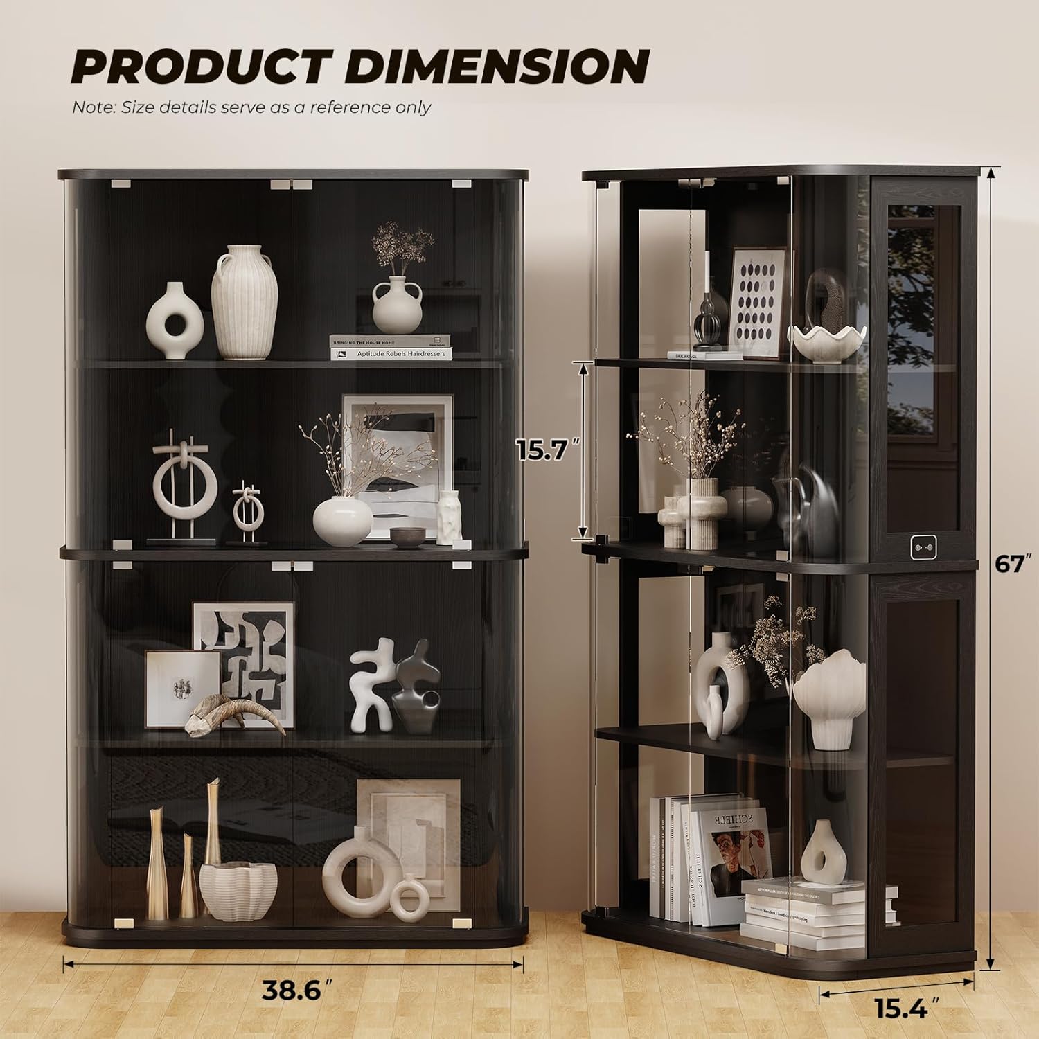 Large Rounded Display Cabinet with Glass Door, 4-Tier Curio Cabinet with 3 Color Lights for Collectibles, Glass Display Case with Transparent Full-Display Surface, Human Body Sensor, Black
