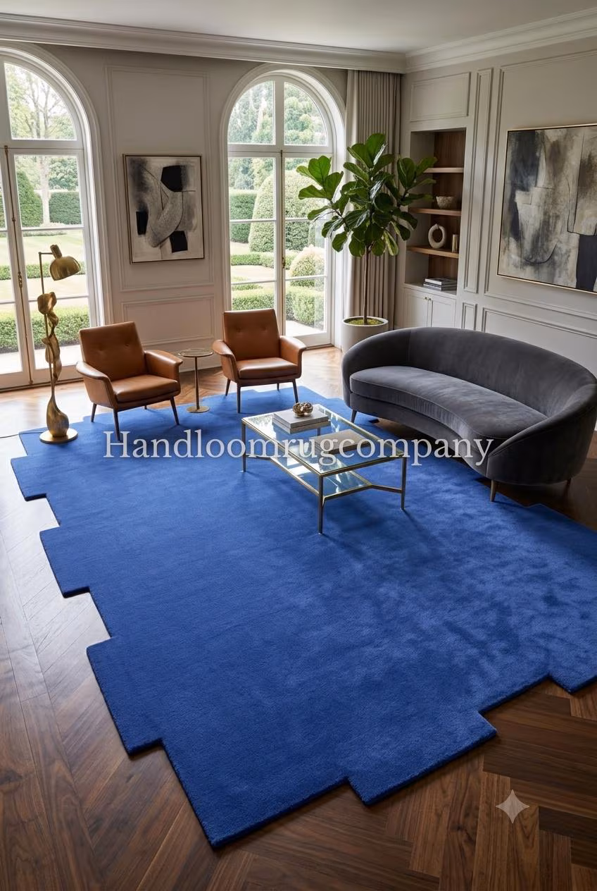 Handloom New Zealand Wool Rug Royal Blue Stepped Border Area Carpet Modern Abstract Solid Plush Mat Notched Scalloped Edge Aesthetic Decor