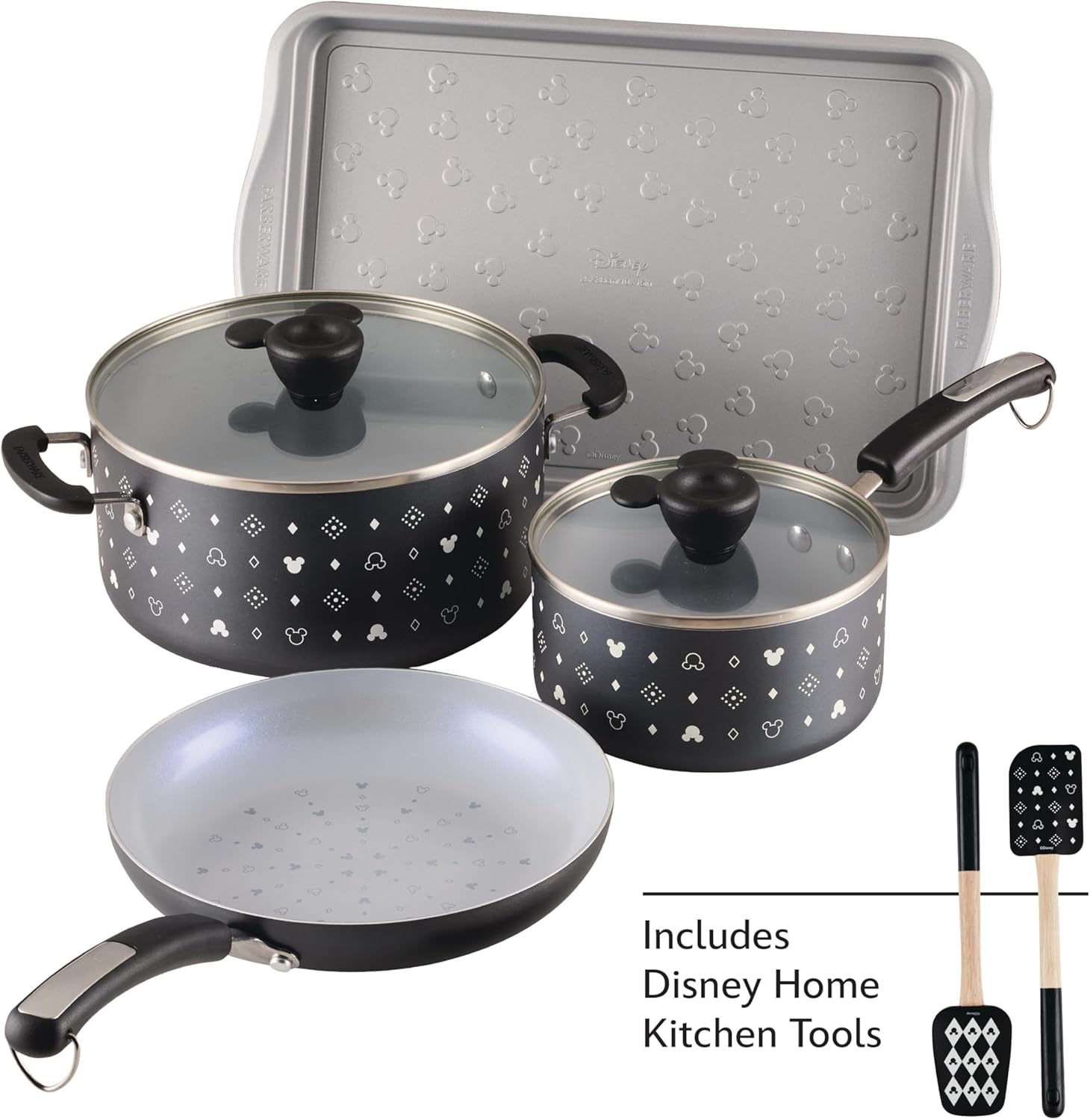 Farberware Disney Monochrome Ceramic Nonstick Cookware Pots and Pans with Baking/Bakeware Cookie Pan and Kitchen Cooking Tool Set, Dishwasher Safe, 8 Piece Cookware Set - Black