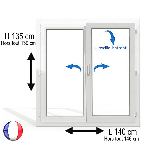 Fenêtre PVC 2 vantaux H 135 x L 140 cm OB pour pose en neuf avec poignée