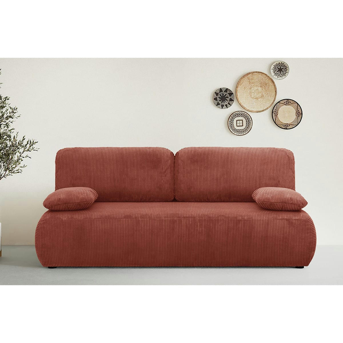 GEMMA - Canapé convertible 3 places avec coffre en velours côtelé rouille