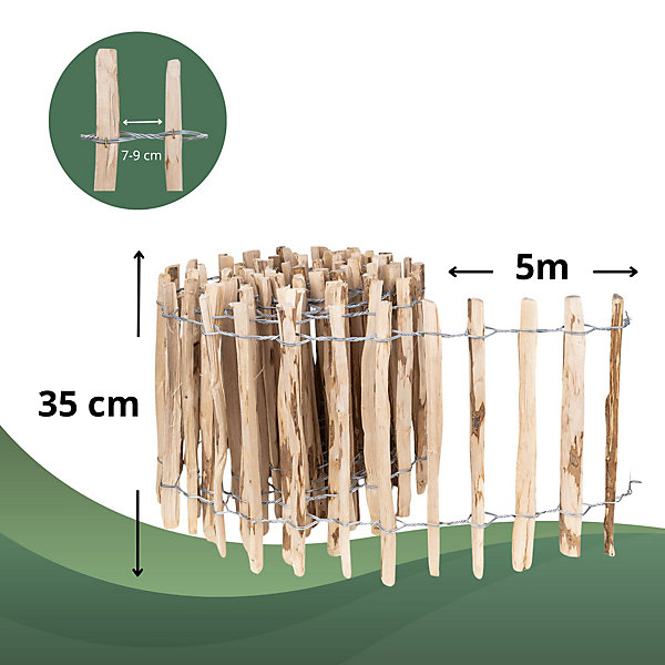 Creative Home Clôture en Bois de Noisetier - 35 cm x 5 m - Clôture en Rouleau avec Espacement de 7-9 cm - Bordure de Jardin
