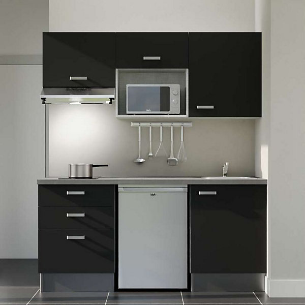 Kitchenette K20 façades Noir - Plan de travail Gris béton - Crédences : Non - Evier inox - Electroménager Inox inclus