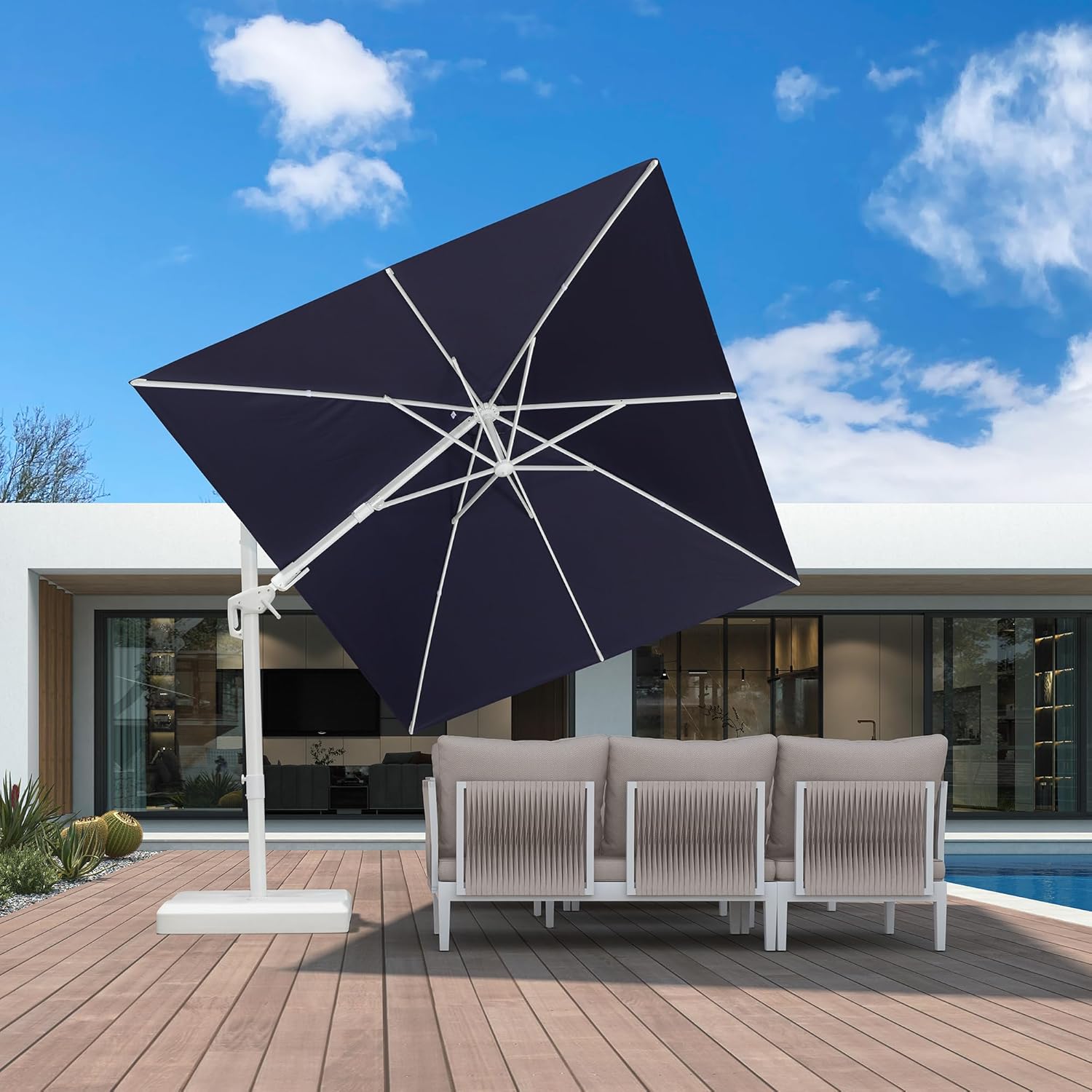 PURPLE LEAF 8' X 11.5' Right-left Tilt Patio Umbrella Swivel White Cantilever Umbrella with Tilt Aluminum Outdoor Umbrella with 360° Rotation for Deck Pool Garden, Navy Blue