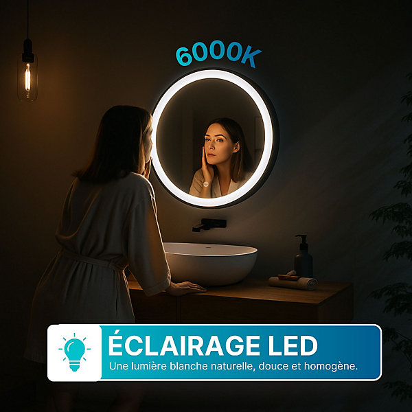 Miroir rond LED Diamètre 70 cm avec cadre en aluminium noir 6000K