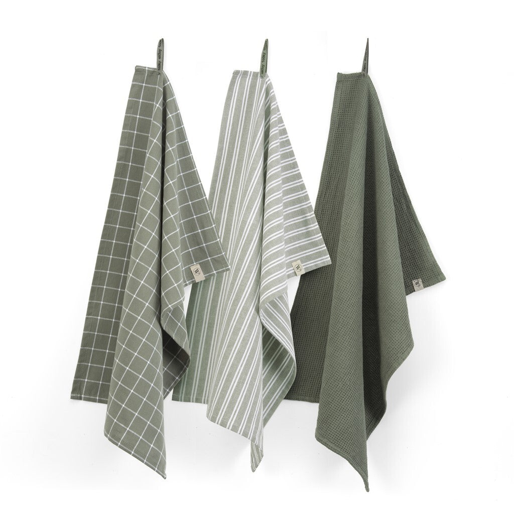 Walra - Keukenset Dry w. Cubes Uni, Stripes & Blocks - 3x 50x70 cm - Legergroen