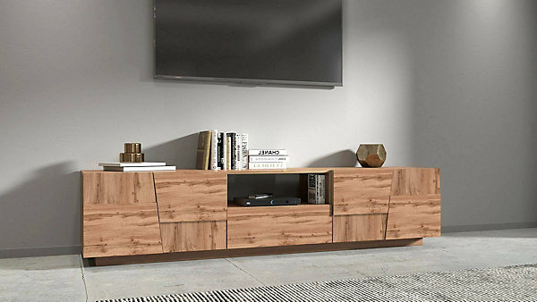 Meuble TV Maestrale, Buffet bas de salon avec 4 portes et 1 tiroir, base meuble TV, 220x44h46 cm, Chêne