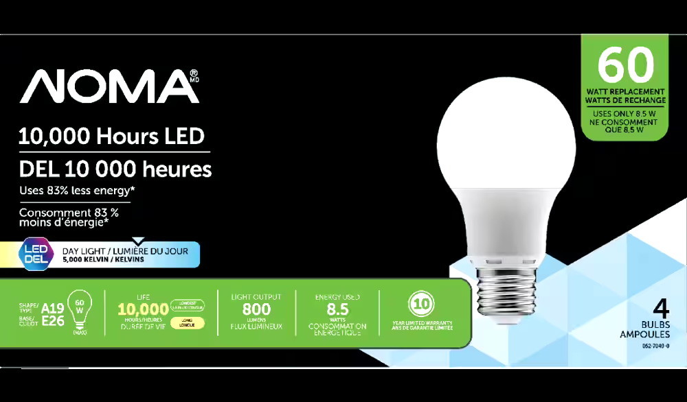 NOMA A19 E26 Base Household Non-Dimmable LED Light Bulbs, 5000K, 800 Lumens, Daylight, 60W, 4-pk