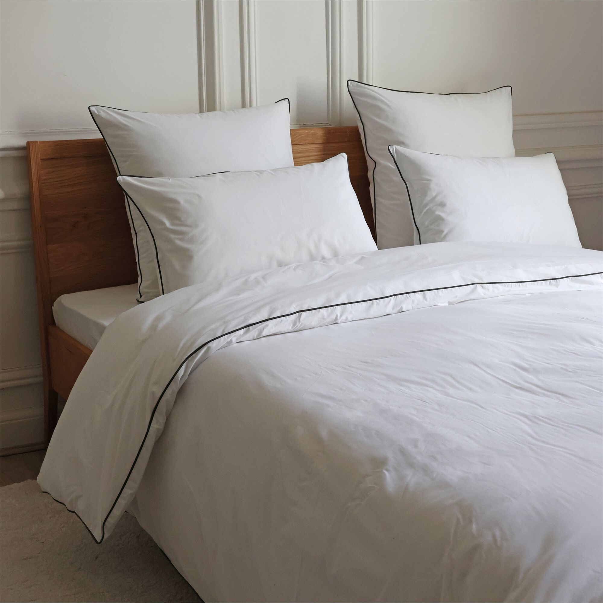EZIO - Housse de couette en percale de coton 260x240cm liseré tressé bleu calabrun - blanc