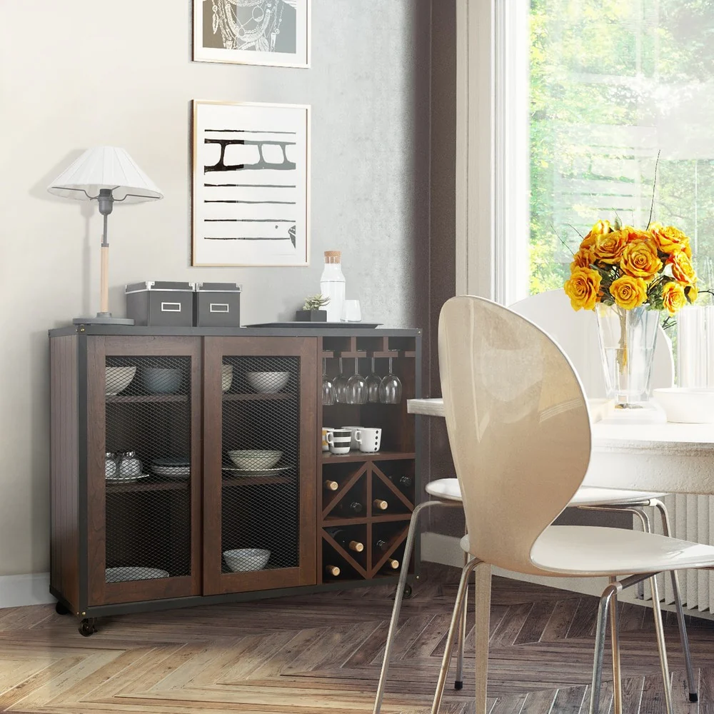 Furniture of America Hury Modern Walnut 47-inch 3-shelf Dining Buffet, Walnut Dining Sideboard with Wine Storage