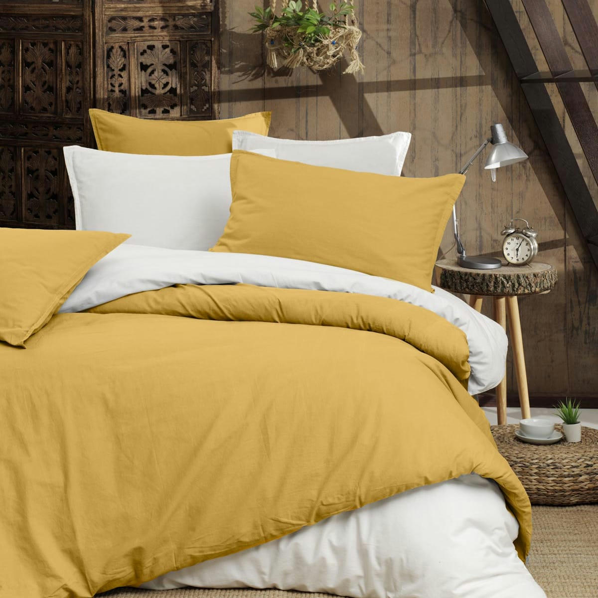 HOME WASHED - Drap housse en percale lavée bonnet 30 cm  safran 160x200 cm
