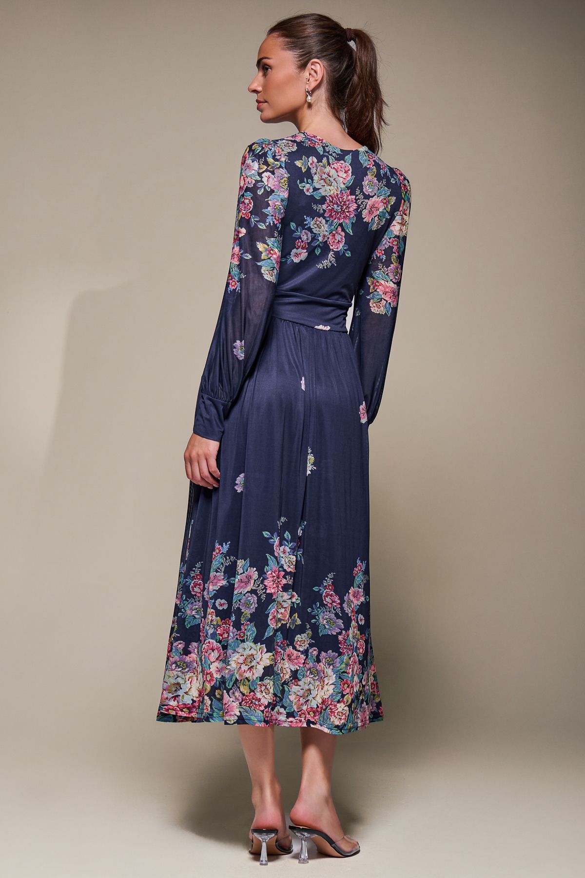 Jolie Moi Long Sleeve Printed Mesh Midaxi Dress