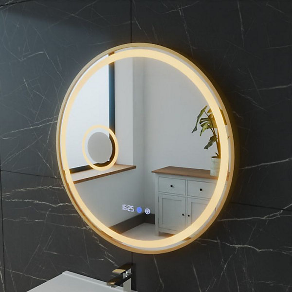 Miroir lumineux rond contour cuivré ORANA 60 cm - antibuée, horloge et loupe