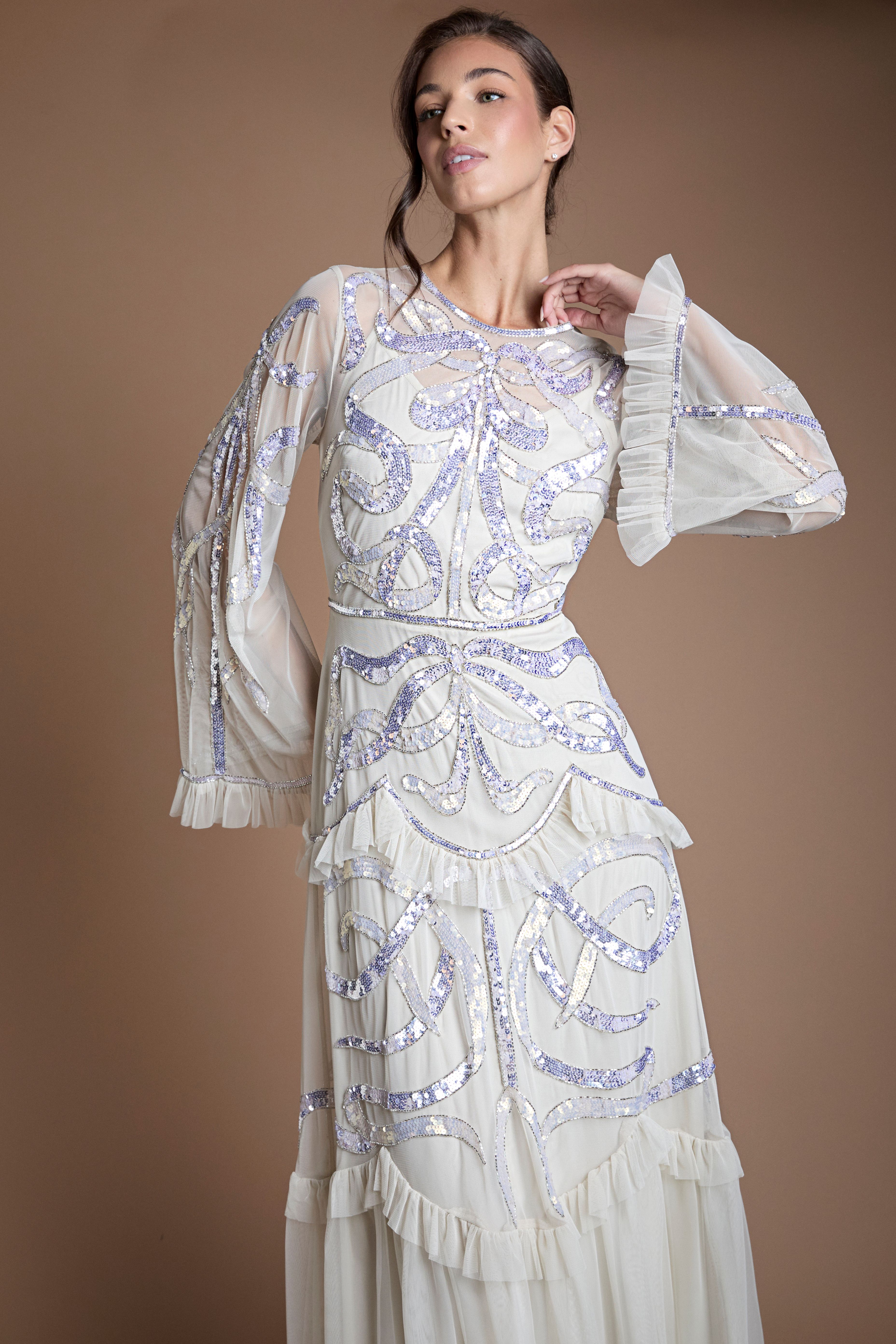Coast Ruffle Hem Tiered Sequin Long Sleeve Wedding Dress