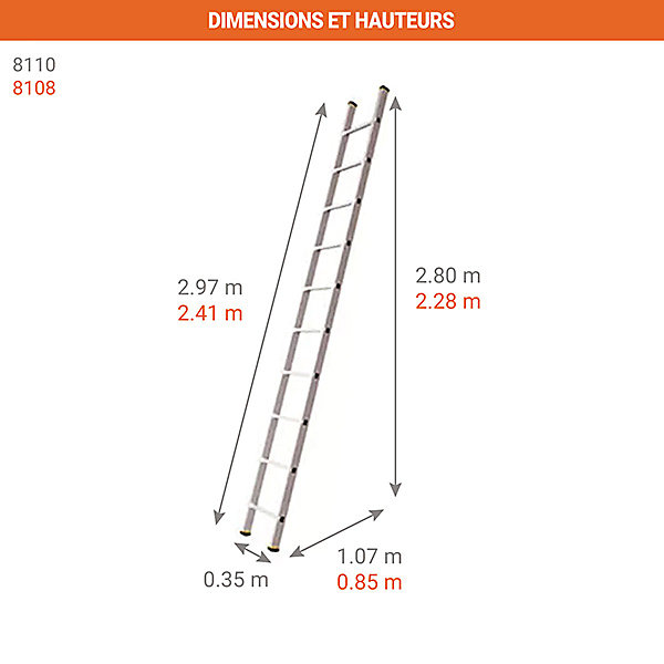 Echelle simple 10 échelons - Hauteur atteindre 2.80m - Largeur 0.35m - 8110