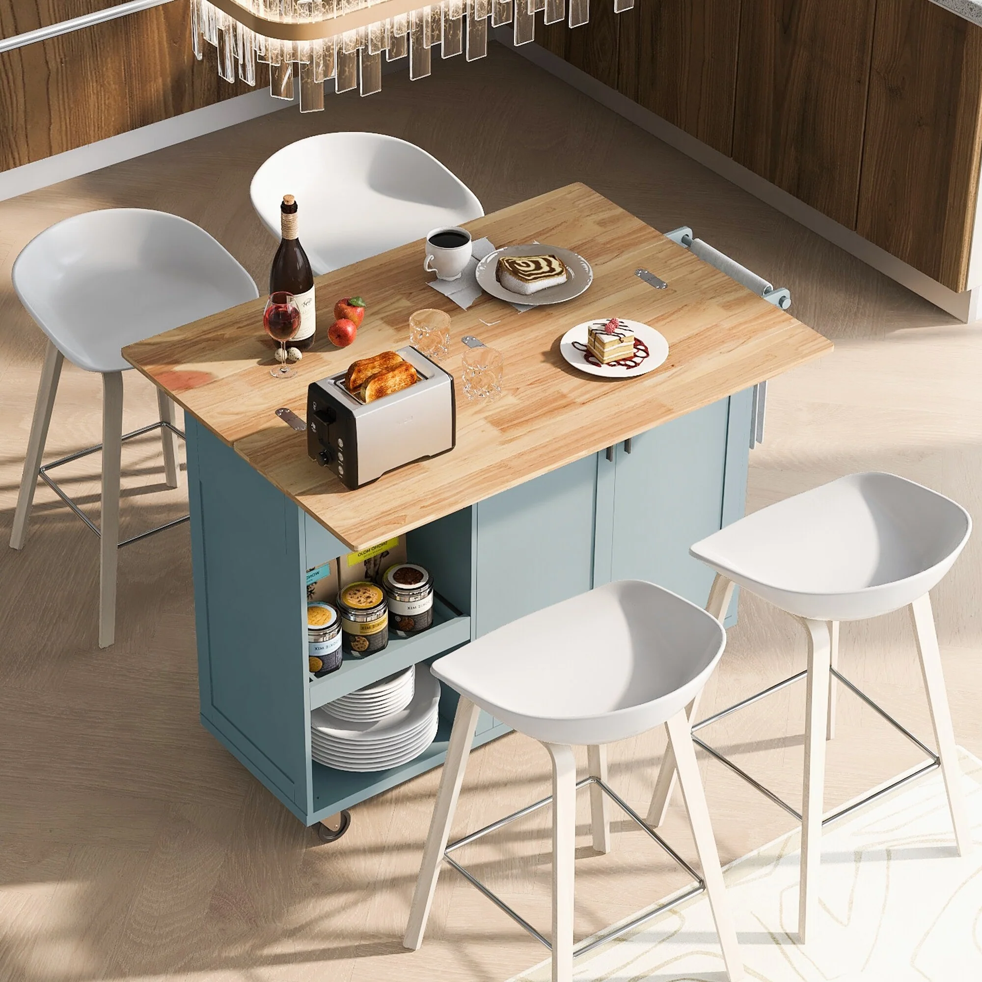 Roomfitters Kitchen Island with Foldable Counter Top, Kitchen Storage Cart with Slide-Out Shelf, Towel Rack and Drawer