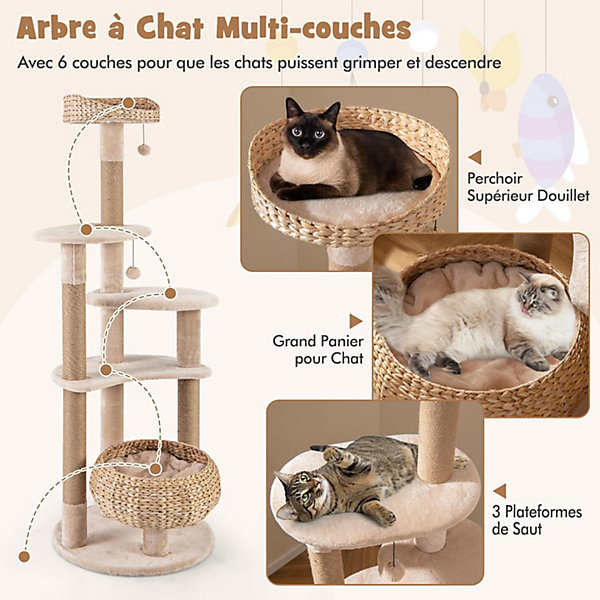 Arbre à Chat 164cm en Tige Massette Poteaux à Gratter en Jute Balles Suspendues Panier en Quenouille et Perchoir Beige