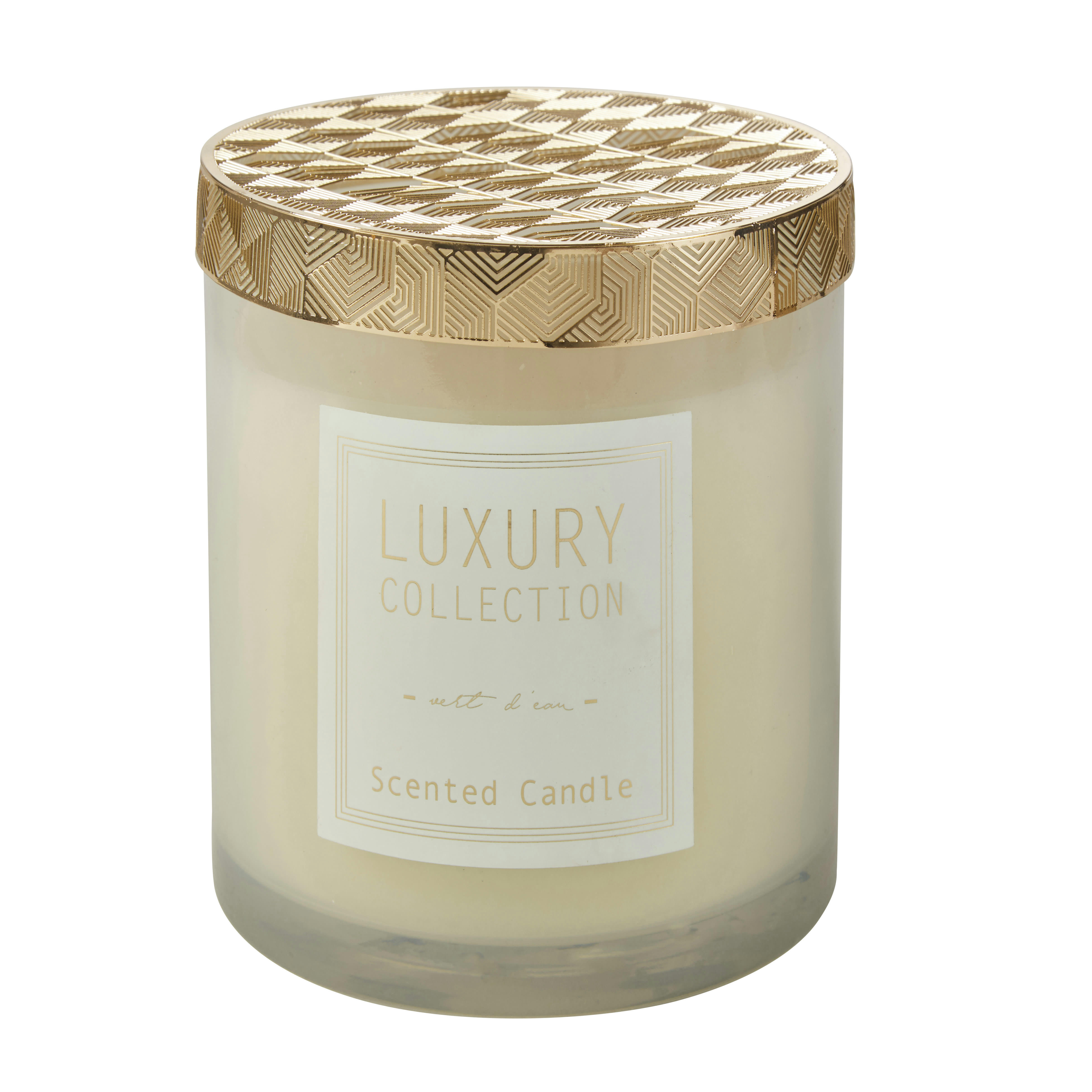 - Bougie parfumée en verre bleu et couvercle en métal doré 840g