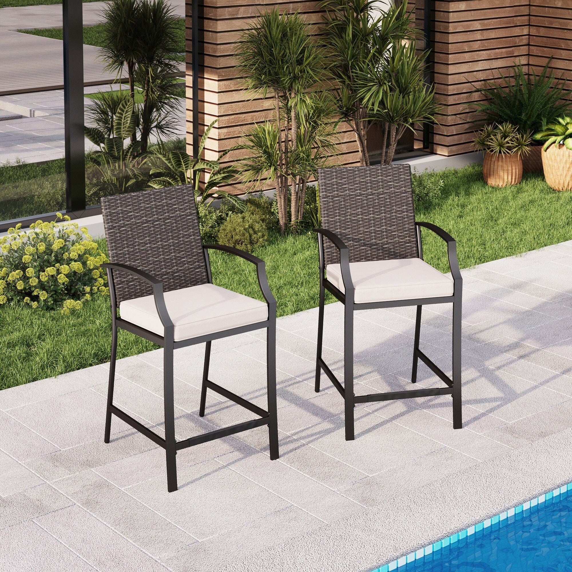 2-Piece / 4-Piece Rattan Chair Back Cushioned High Bar stool
