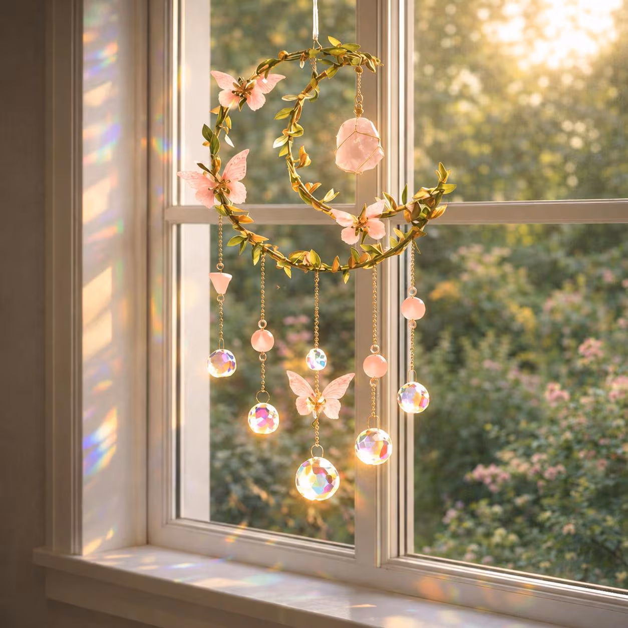 Handmade Boho Moon Suncatcher with Butterfly & Pink Flowers, Crystal Sun Catcher Window Hanging, Botanical Gift for Mom Grandma Her