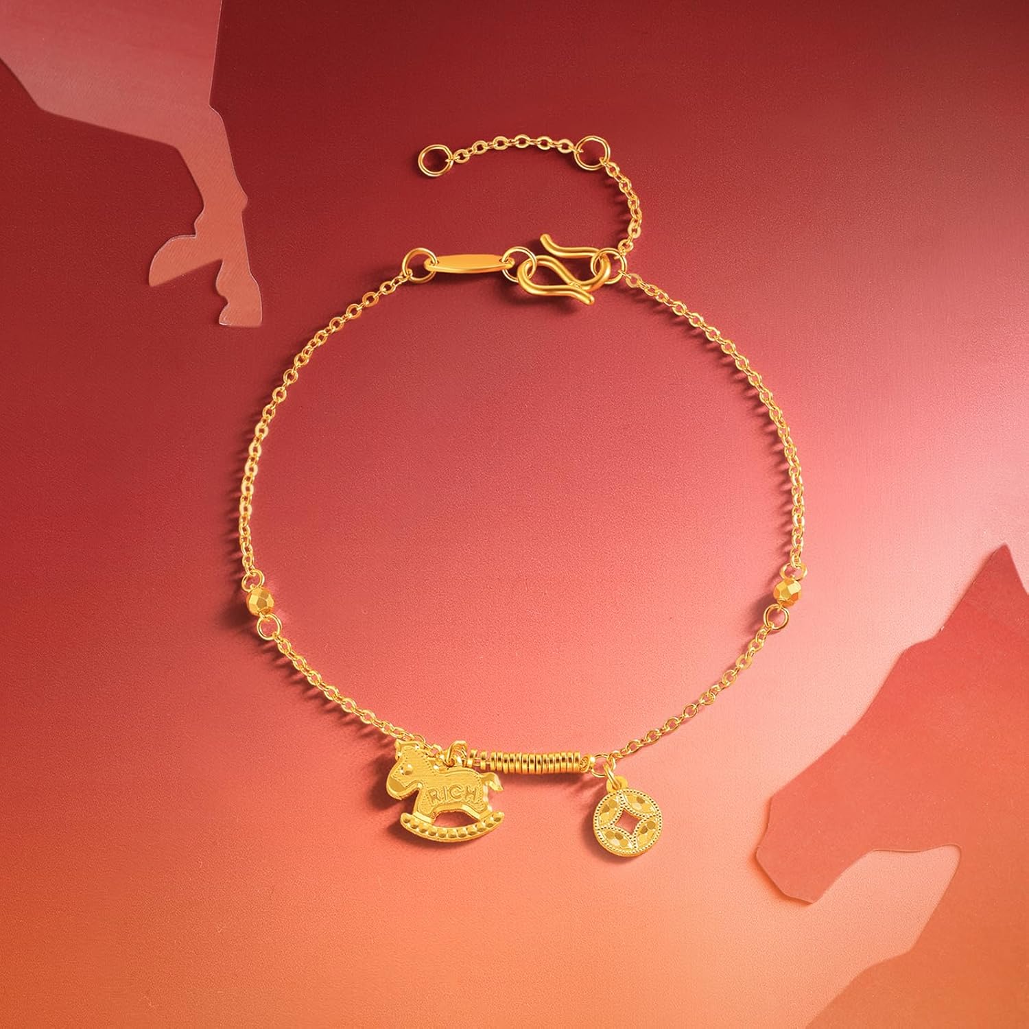 24K Real Gold Chain Bracelet Rocking Horse Pure Gold Coin Link Bracelets RICH Character Jewelry for Women Daughter Mom Gifts Birthday Valentine Anniversary 6.3-7.5/16-19cm A0723991