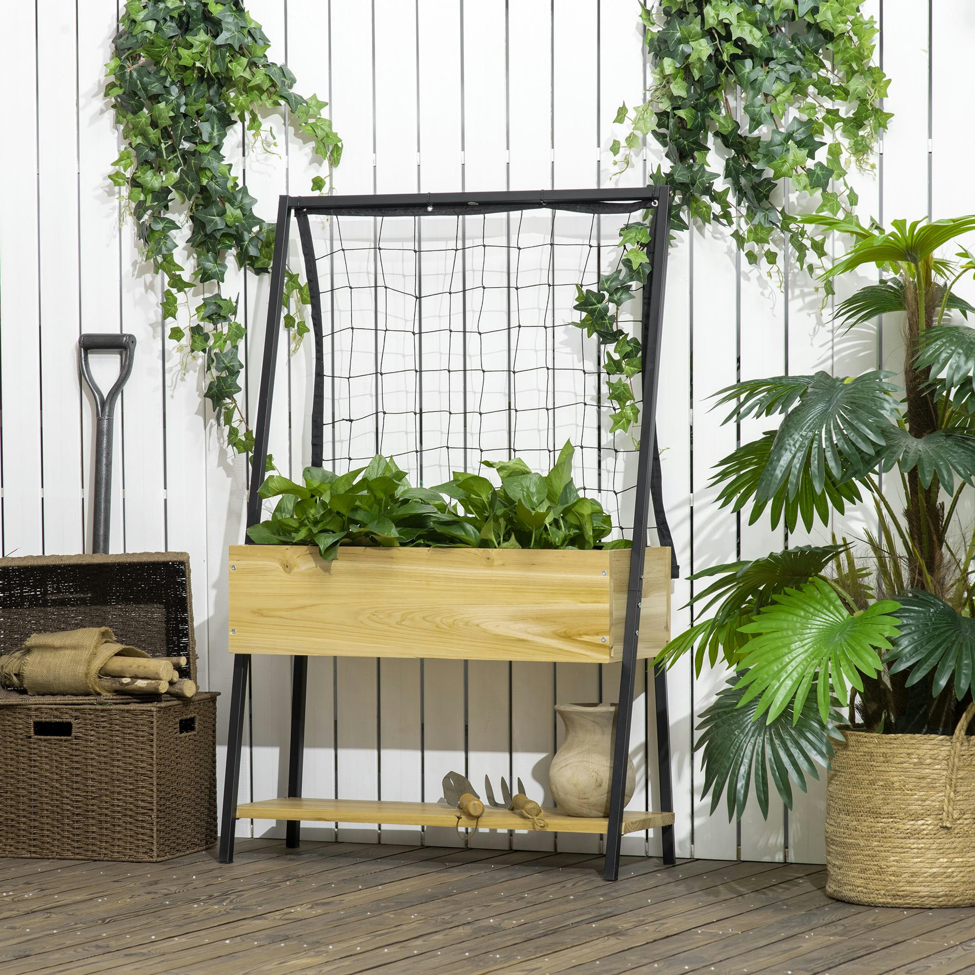 - Jardinière sur pied avec treillis filet étagère métal noir sapin verni