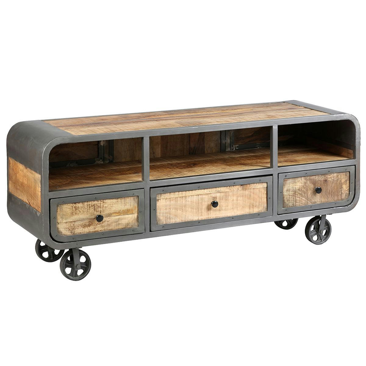 EDWIN - Meuble  tv 3 tiroirs acier et bois massif